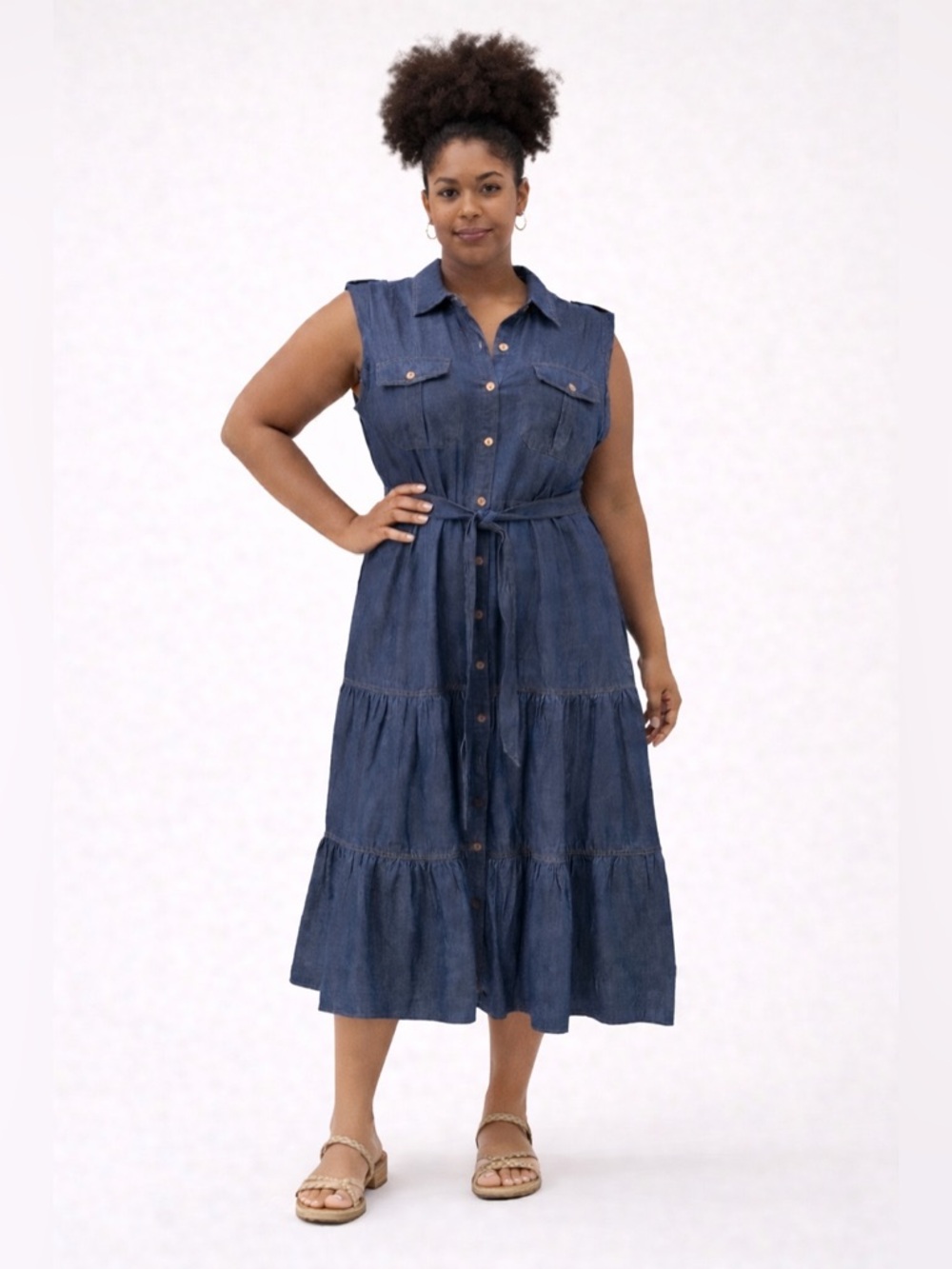 Meadow Rhodes NWT Chambray Tiered Midi Dress Button Front 1X Cotton Blue